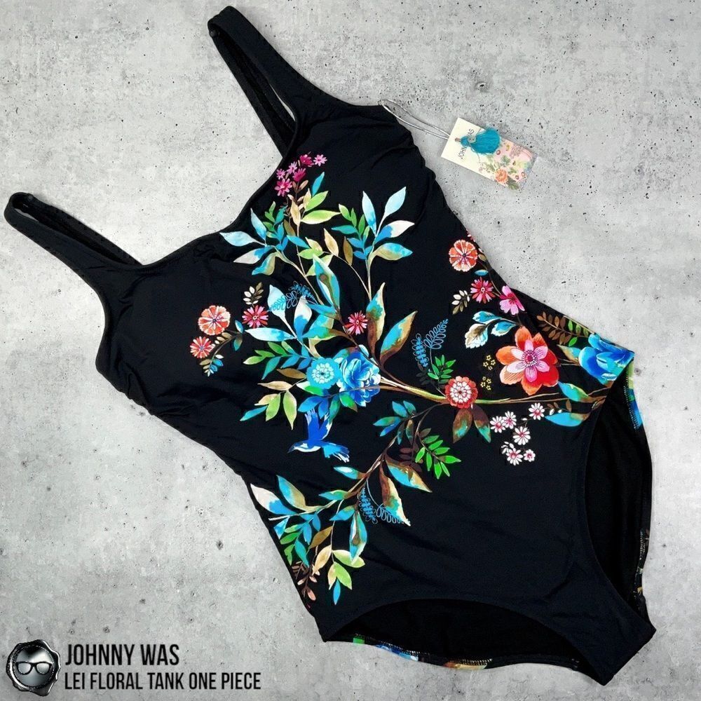 JOHNNY WAS LEI FLORAL TANK ONE PIECE PLUS SIZE 2X SWIMSUIT IN BLACK FLORAL NEW
